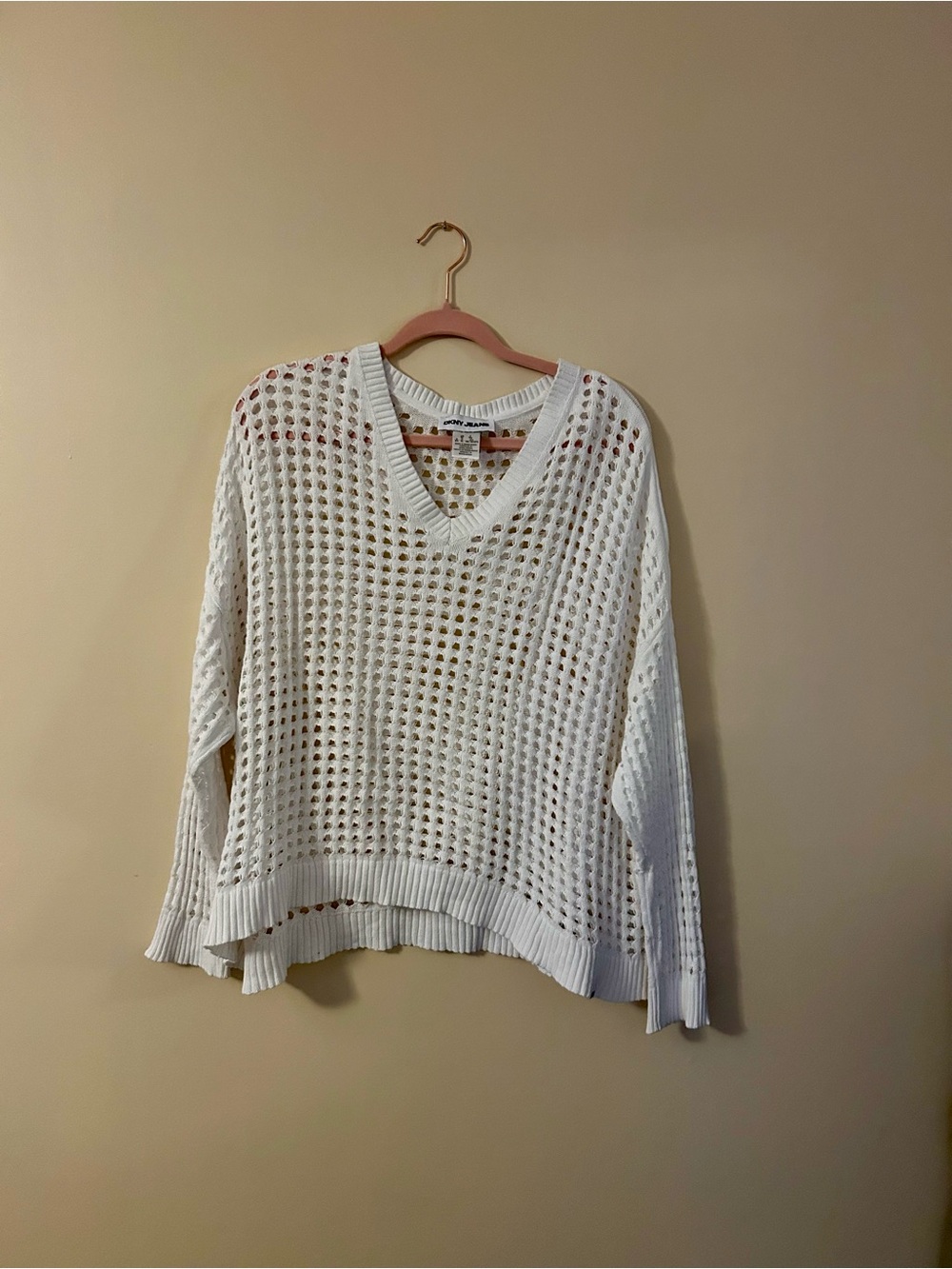 DKNY Open-Knit V-Neck Sweater in White